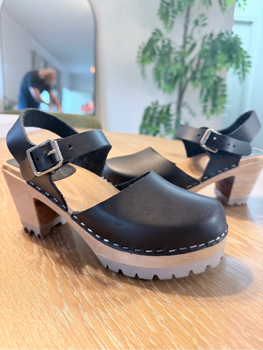 Mia ABBA Swedish Black Leather Platform Clog Mules with Buckle Strap